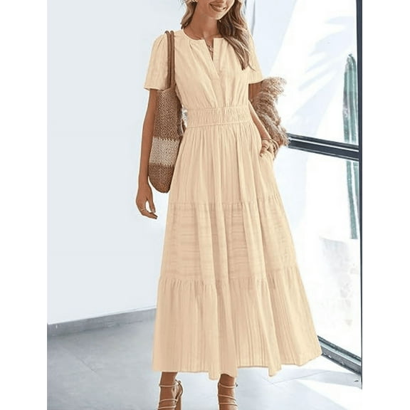 Women's Summer Casual Maxi Dress Puff Short Sleeve V Neck Ruffle Boho Beach Long Dresses