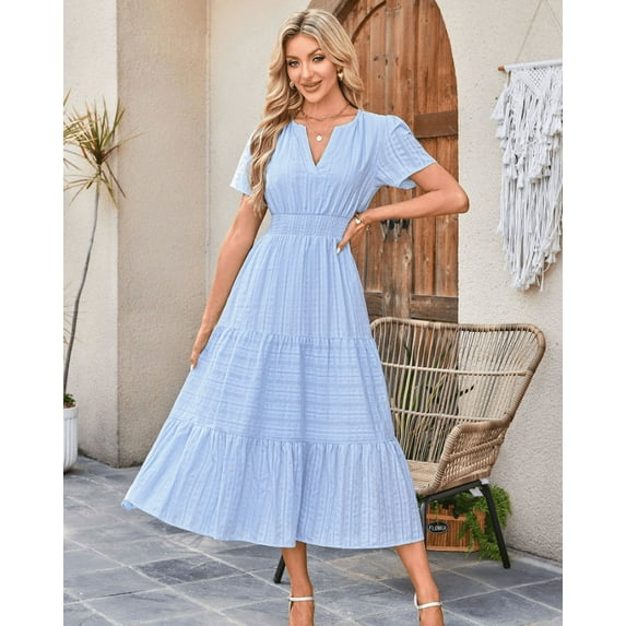 Women's Summer Casual Maxi Dress Puff Short Sleeve V Neck Ruffle Boho Beach Long Dresses