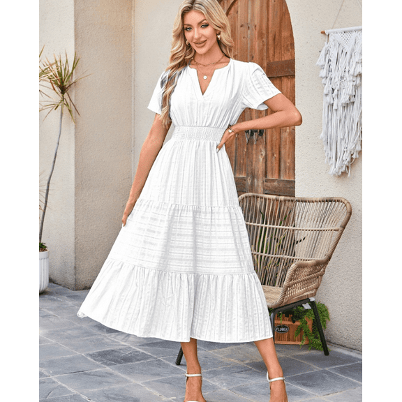 Women's Summer Casual Maxi Dress Puff Short Sleeve V Neck Ruffle Boho Beach Long Dresses