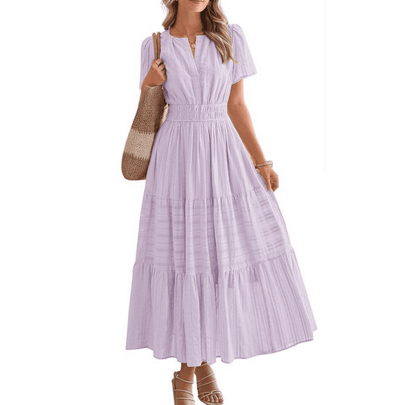 Women's Summer Casual Maxi Dress Puff Short Sleeve V Neck Ruffle Boho Beach Long Dresses
