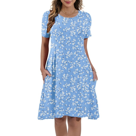 Women's Summer Casual Midi Dress Beach Short Sleeve Dresses with Pockets