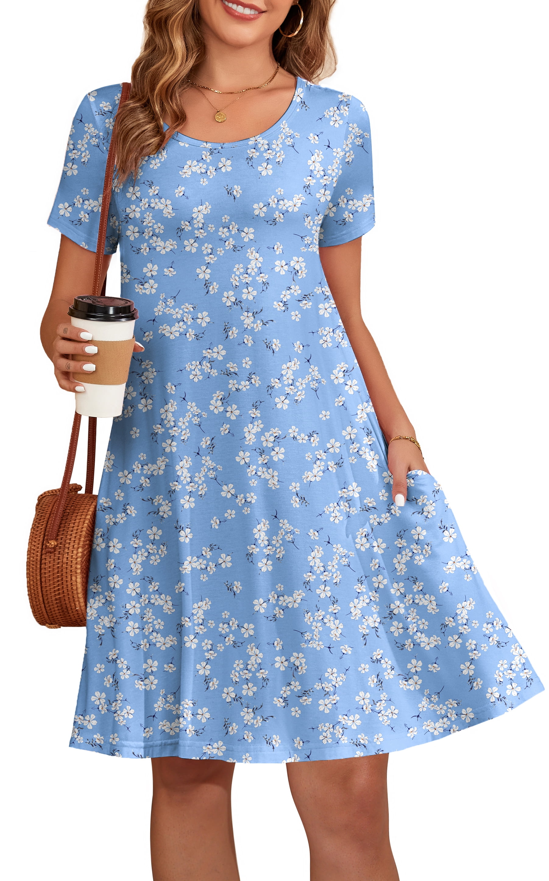 Women's Summer Casual Midi Dress Beach Short Sleeve Dresses with Pockets