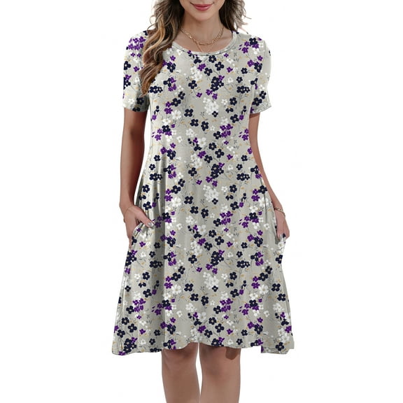 Women's Summer Casual Midi Dress Beach Short Sleeve Dresses with Pockets