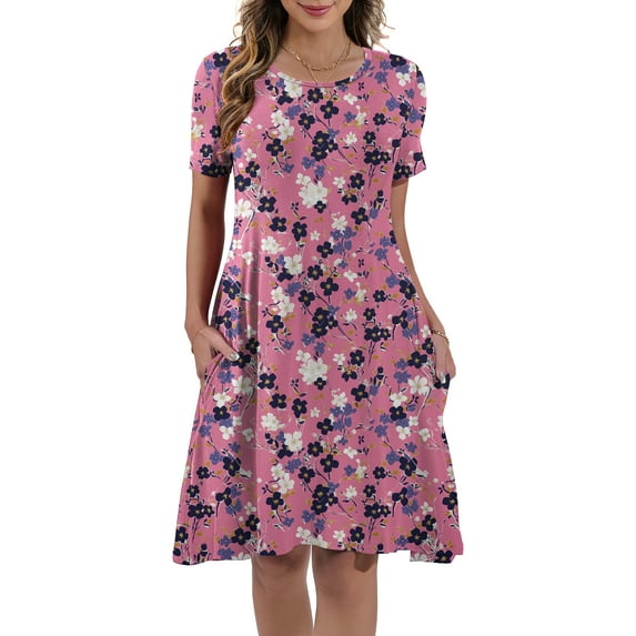 Women's Summer Casual Midi Dress Beach Short Sleeve Dresses with Pockets