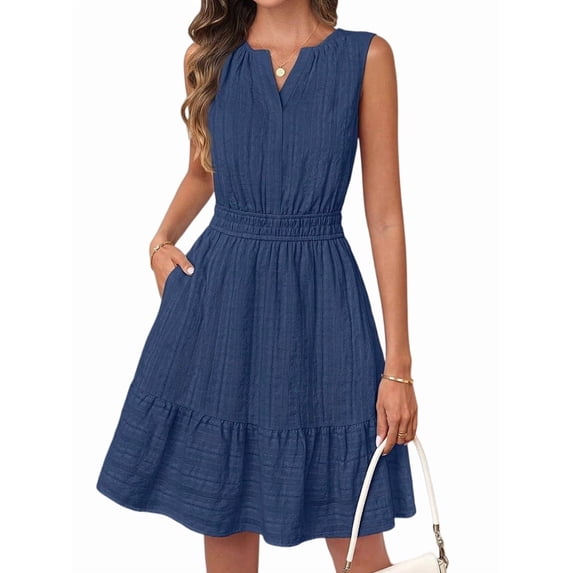Women's Summer Casual Mini Sundress Beach Sleeveless V Neck Flowy A Line Dress with Pockets L