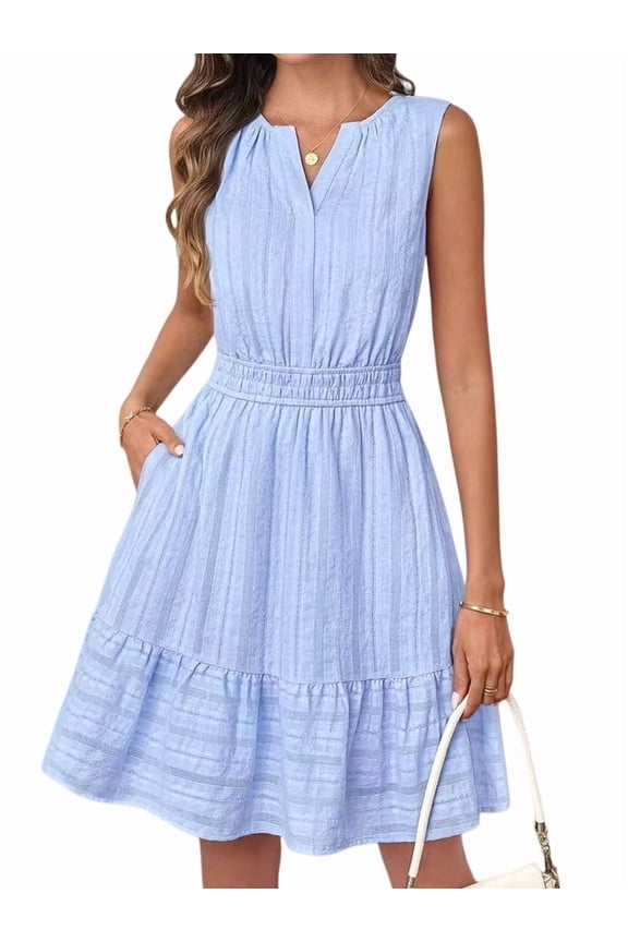 Women's Summer Casual Mini Sundress Beach Sleeveless V Neck Flowy A Line Dress with Pockets Light Blue L