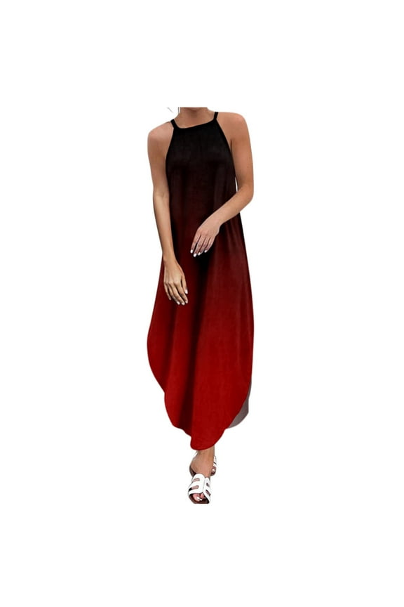 Women's Summer Casual Neck Sleeveless Boho Print Long Maxi Dress Casual Loose Irregular Beach Holiday Sundress