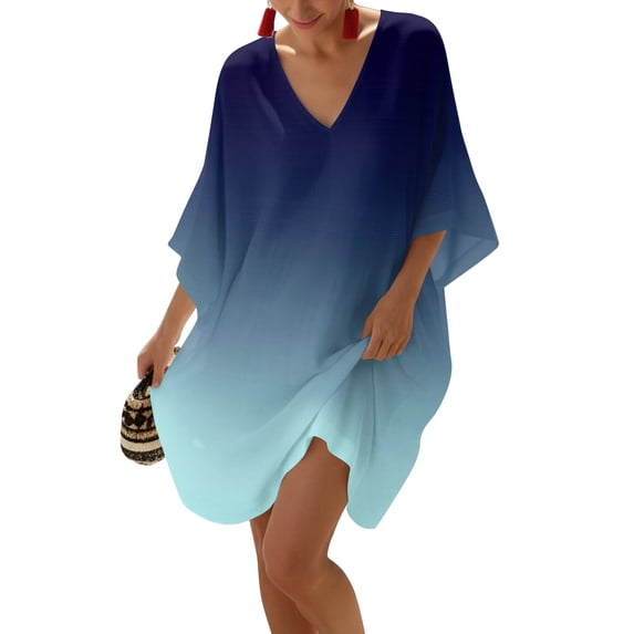 Women's Summer Casual Ombre Dress, V Neck Kimono Sleeve Gradient Print Loose Tunic Dress, Comfy Beach Cover Up Sundress