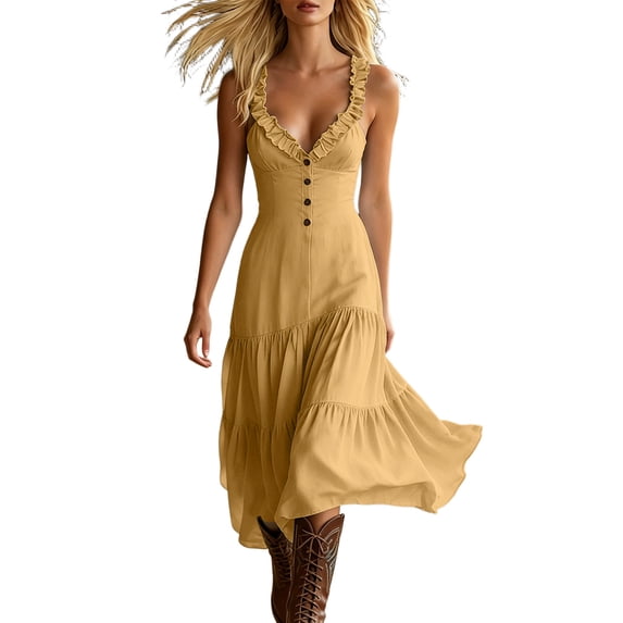 Women's Summer Casual Open‑Back Dress Solid Color Deep V‑Neck Spaghetti Strap Button‑Front Flowy Long Dress Yellow XL(XL)
