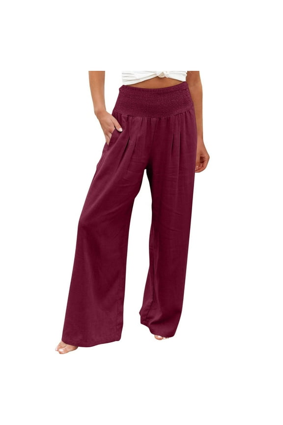 Women's Summer Casual Pants Drawstring Elastic High Waist Pant Boho Wide Leg Pants Hiking Pant with Pockets