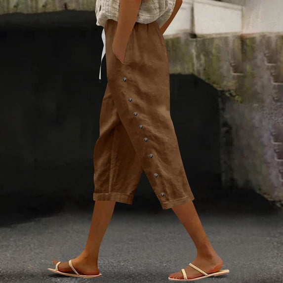 Women's Summer Casual Pants with Drawstring Elastic Waist & Side Pockets, Solid Color Linen Trousers Slacks Bottoms for Travel Lounge Beach Vacation | Aestivo,Brown L