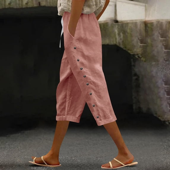 Women's Summer Casual Pants with Drawstring Elastic Waist & Side Pockets, Solid Color Linen Trousers Slacks Bottoms for Travel Lounge Beach Vacation | Aestivo,Rose Gold L