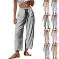 thumbnail image 1 of Women's Summer Casual Pants Striped Washed Cotton High Waist Drawstring Loose Fit Cropped Trousers with Pockets for Vacation, 1 of 8