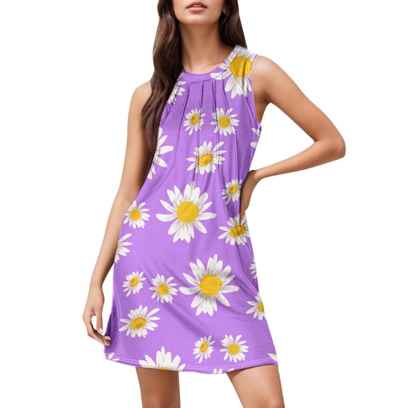 Women's Summer Casual Print Beach Fashion Elegant Floating Mid Length Crew Neck Sleeveless Dress