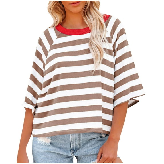 Women's Summer Casual Round Neck Half Sleeve T Shirt Plus Size Color Blocking Striped Tops Loose Short Sleeve Oversized Tshirts Tunic Tops Fashion Summer Sports Tees