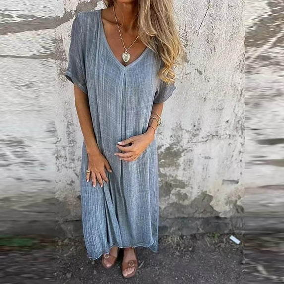 Women's Summer Casual Round Neck Short Sleeve Loose Dress Lightweight Comfortable Polyester Solid Color Fashion for Daily Date Party Vacation