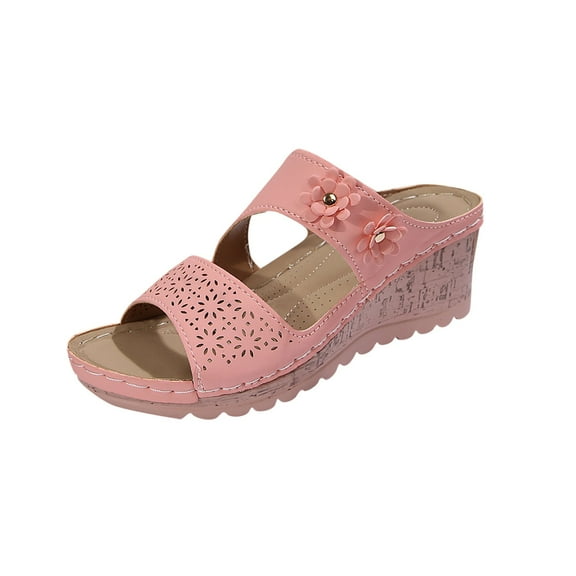 Women's Summer Casual Sandals Comfortable Wedge Platform Height Increasing Slip On Floral Decor Sandals Wide Fit Lightweight Outdoor Walking Sandals