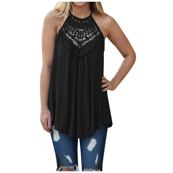 Women's Summer Casual Shirts Crochet Lace Trim Flowy Cami Tank Tops Sleeveless Pleated Loose Fit Ladies Tunic Top