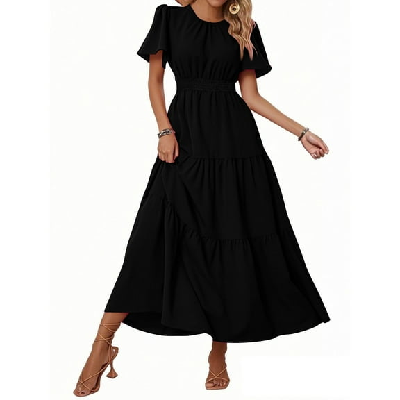 Women's Summer Casual Short Flutter Sleeve Round Neck Smocked Waist Tiered Boho Flowy Maxi Dress Black L
