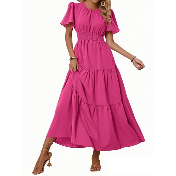 Women's Summer Casual Short Flutter Sleeve Round Neck Smocked Waist Tiered Boho Flowy Maxi Dress Hot Pink S