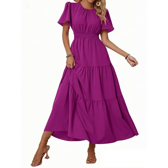 Women's Summer Casual Short Flutter Sleeve Round Neck Smocked Waist Tiered Boho Flowy Maxi Dress Purple S