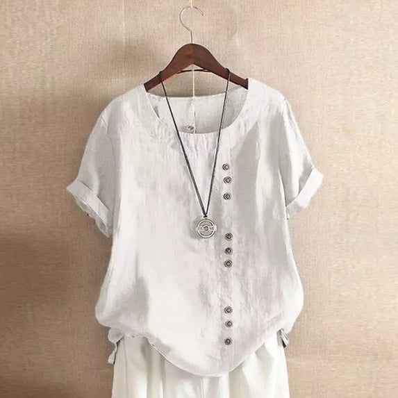 Women's Summer Casual Short Sleeve Button Blouse, Lightweight Polyester Round Neck Top for Daily Wear