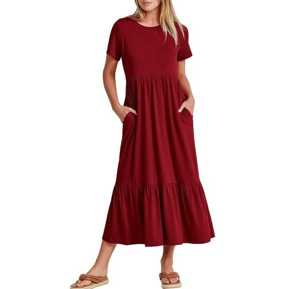 Women's Summer Casual Short Sleeve Crewneck Aline Swing Flowy Tiered Shirt Maxi Beach Long Dress 2025 Trendy Outfits, S-2XL