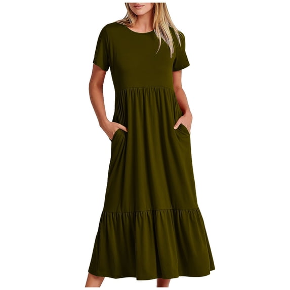Women's Summer Casual Short Sleeve Crewneck Dress Casual Flowy Tiered Maxi Beach Dress With Pockets
