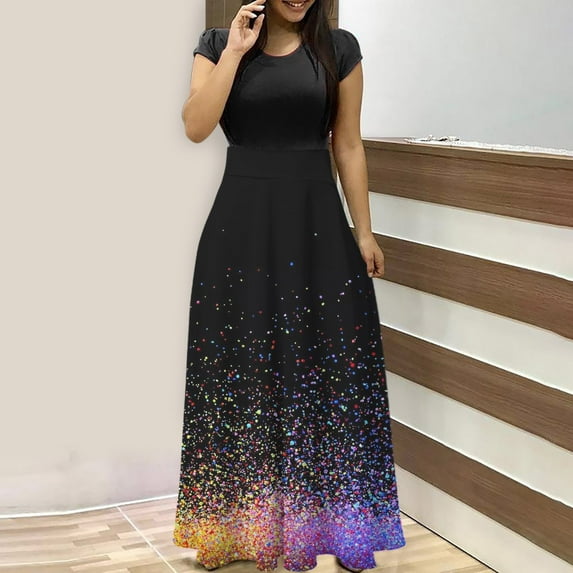 Women's Summer Casual Short Sleeve Crewneck Swing Dress Elegant Casual Flowy Tiered Floral Printed Empire Waist Maxi Beach Dress with Pockets