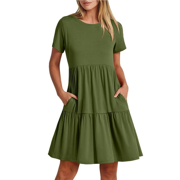 Women's Summer Casual Short Sleeve Crewneck Swing Dress Flowy Tiered Beach Dress with Pockets