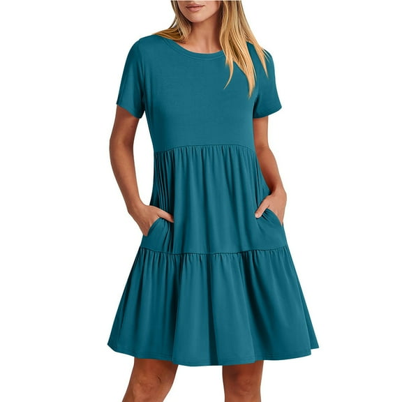 Women's Summer Casual Short Sleeve Crewneck Swing Dress Flowy Tiered Beach Dress with Pockets
