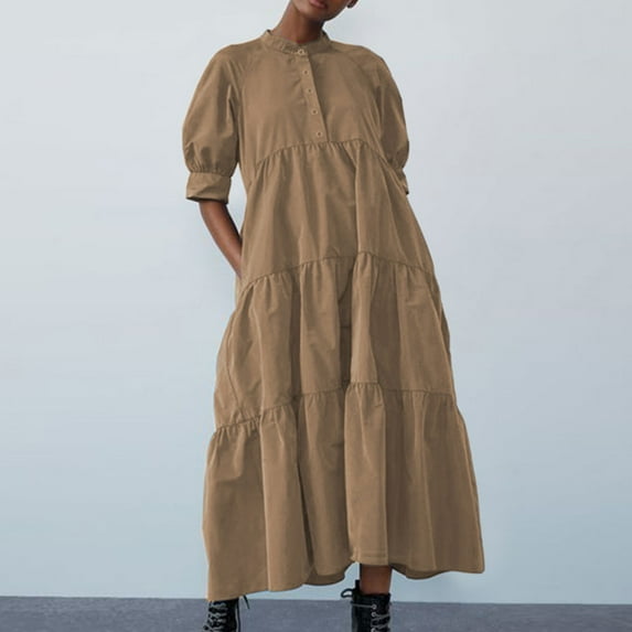 Women's Summer Casual Short Sleeve Crewneck Swing Dress Flowy Tiered Maxi Beach Dress with Pockets Khaki XXXXL