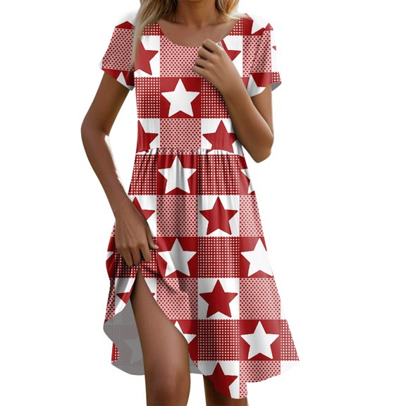 Women's Summer Casual Short Sleeve Dress, A-Line Soft Comfortable American Flag Printed Midi Dress with Round Neck for Independence Day 4th of July,Dark Gray M