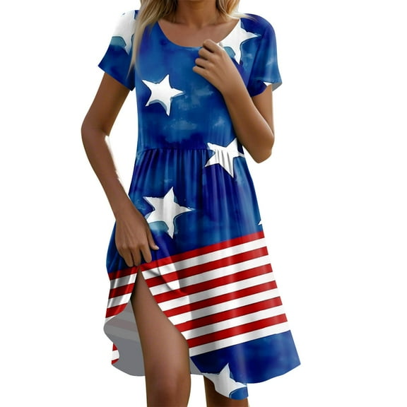 Women's Summer Casual Short Sleeve Dress, A-Line Soft Comfortable American Flag Printed Midi Dress with Round Neck for Independence Day 4th of July,Light Blue XL