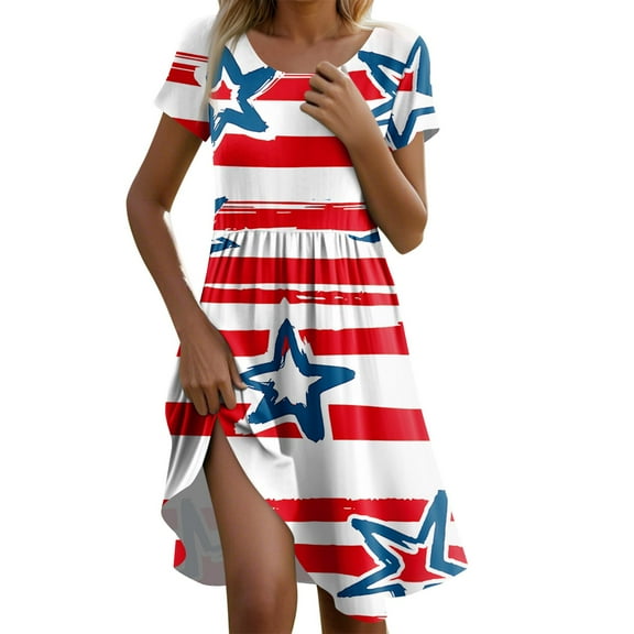 Women's Summer Casual Short Sleeve Dress, A-Line Soft Comfortable American Flag Printed Midi Dress with Round Neck for Independence Day 4th of July,Sky Blue S