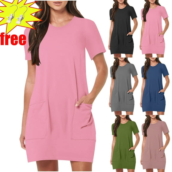 Women's Summer Casual Short Sleeve Dressy Dresses Empire Waist Knee Length Dress with Pockets,Pink ,Size S
