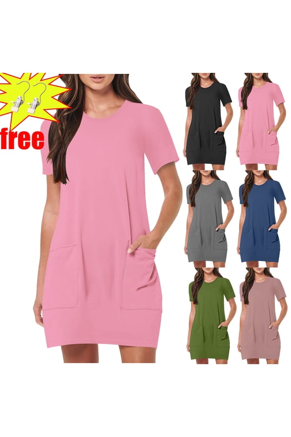 Women's Summer Casual Short Sleeve Dressy Dresses Empire Waist Knee Length Dress with Pockets,Pink ,Size XXL