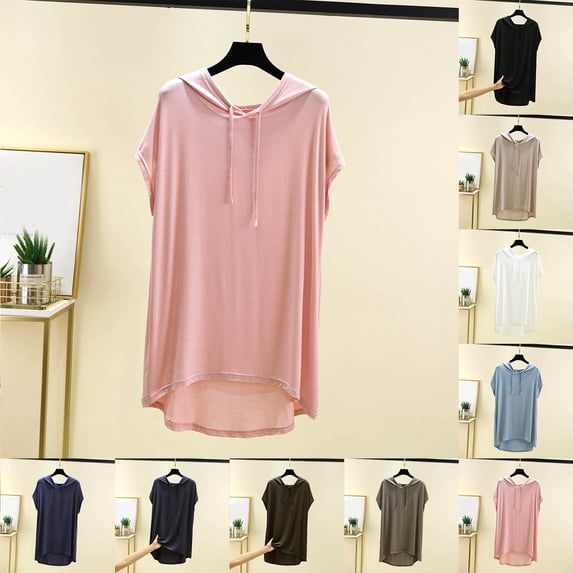 Women's Summer Casual Short Sleeve Hooded Blouse Tops Shirts Tunics Loose Fit Solid Color Soft for Daily Wear Vacation Streetwear Fashion Essential | CSEONE,Blue L