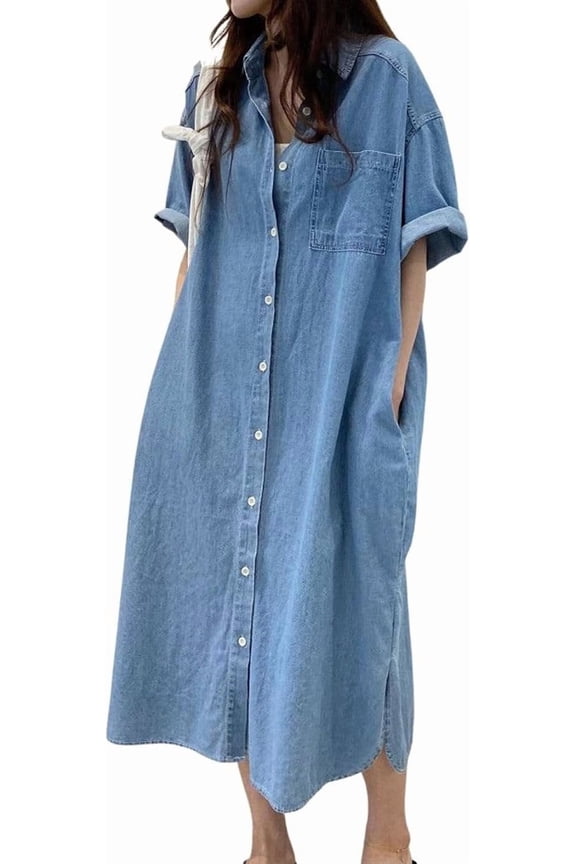 Women's Summer Casual Short Sleeve Long Denim Shirt Dress Casual Loose Button Down Jean Dress