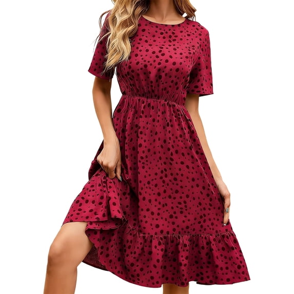 Women's Summer Casual Short Sleeve Printed Polka Dot Tiered Flowy Spring Dress Long Midi Beach Sundress Vacation Hot Pink