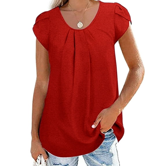 Women's Summer Casual Short Sleeve Solid Color Round Neck Pleated Petal Sleeve Loose Blouse Shirt Tops Red XL