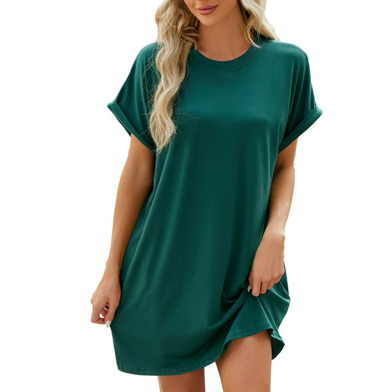 Women s Summer Casual Short Sleeve T Shirt Dress Solid Color Round Neck Loose with Pockets Dresses Green 2XL Walmart