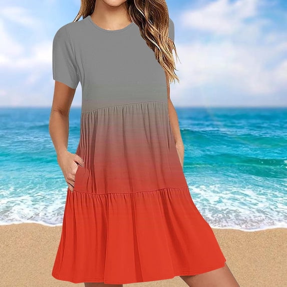 Women's Summer Casual Short Sleeve T Shirt Dress Tiered Mini Dresses With Pockets