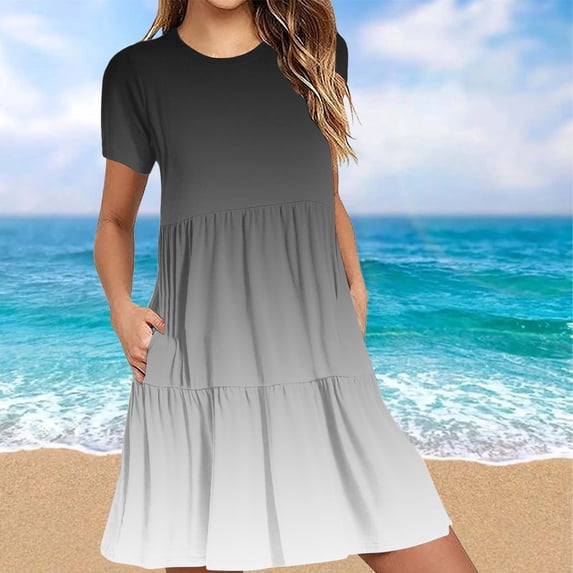Women's Summer Casual Short Sleeve T-Shirt Dress with Pockets, Tiered Mini Dress