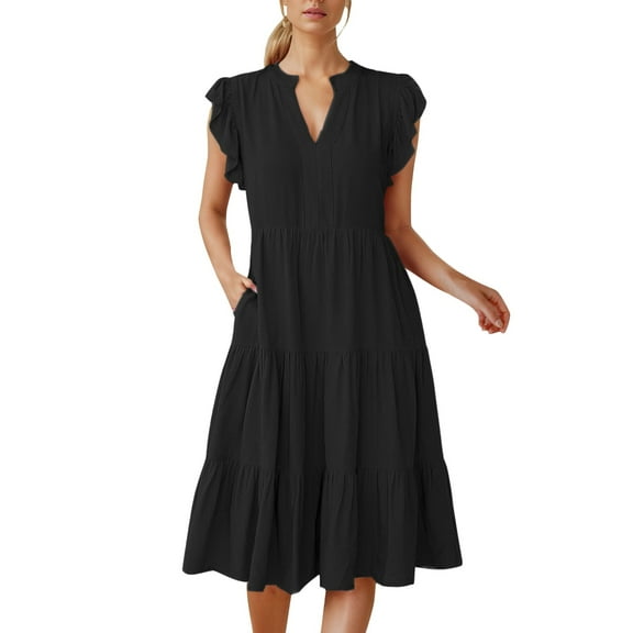 Women's Summer Casual Short Sleeve V Neck Midi Dresses 2025 Spring Flowy A-line Tiered T Shirts Boho Beach Dress(Black)