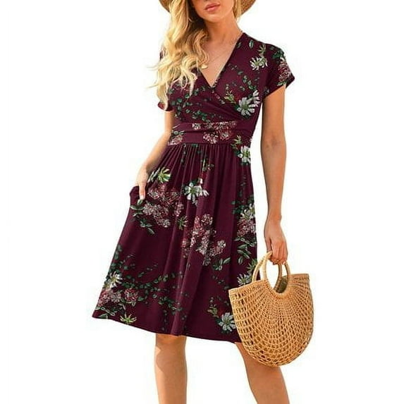 Women's Summer Casual Short Sleeve V-Neck Short Party Dress with Pockets
