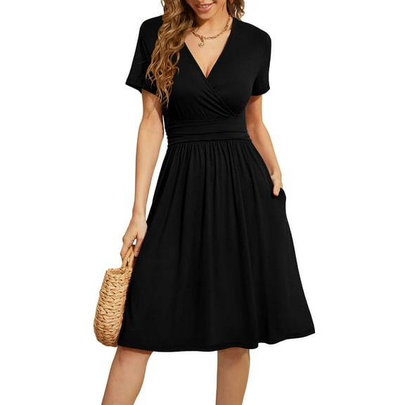 Women's Summer Casual Short Sleeve V-Neck Short Party Dress with Pockets