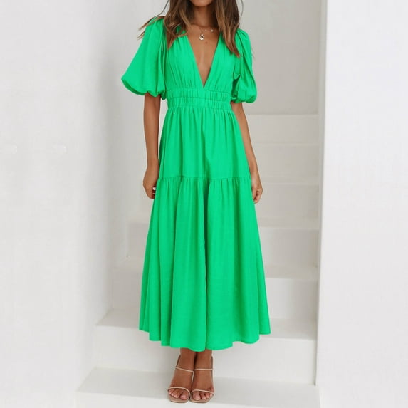 Women's Summer Casual Short Sleeve V Neck Swing Dress Casual Flowy Tiered Maxi Beach Dress Women Junior Dresses Dress Woman Dress Casual Short Button Front Dresses Swing Party Dresses for Women Cute