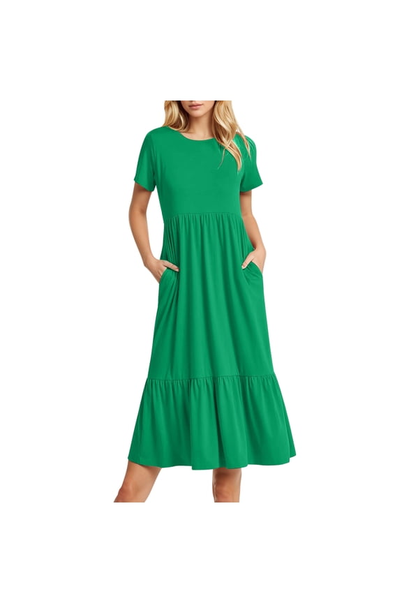 Women's Summer Casual Short Sleeved Round Neck Swaying And Flowing Layered Shirt Extra Long Beach Long Dress 2025 Fashion Outfit