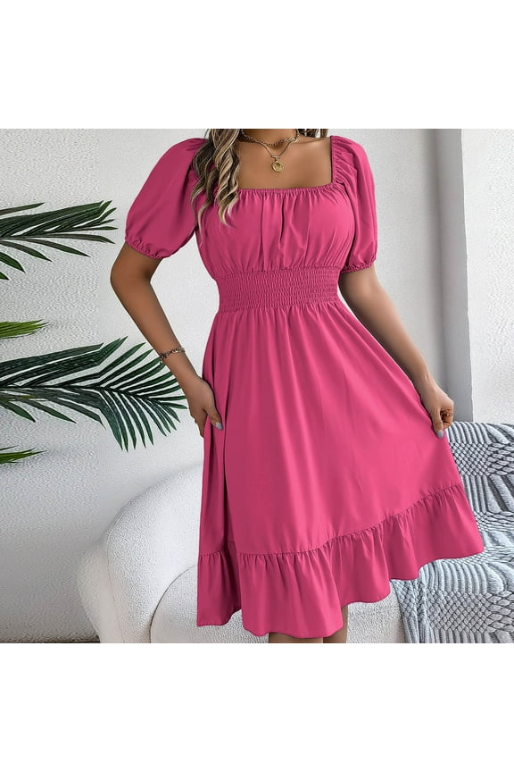 Women's Summer Casual Short Sleeved Waist Cinched Solid Color Dress Womens Long Sleeve Boho Blouse Top Formal Cocktail Party Dresses Milkmaid Dresses